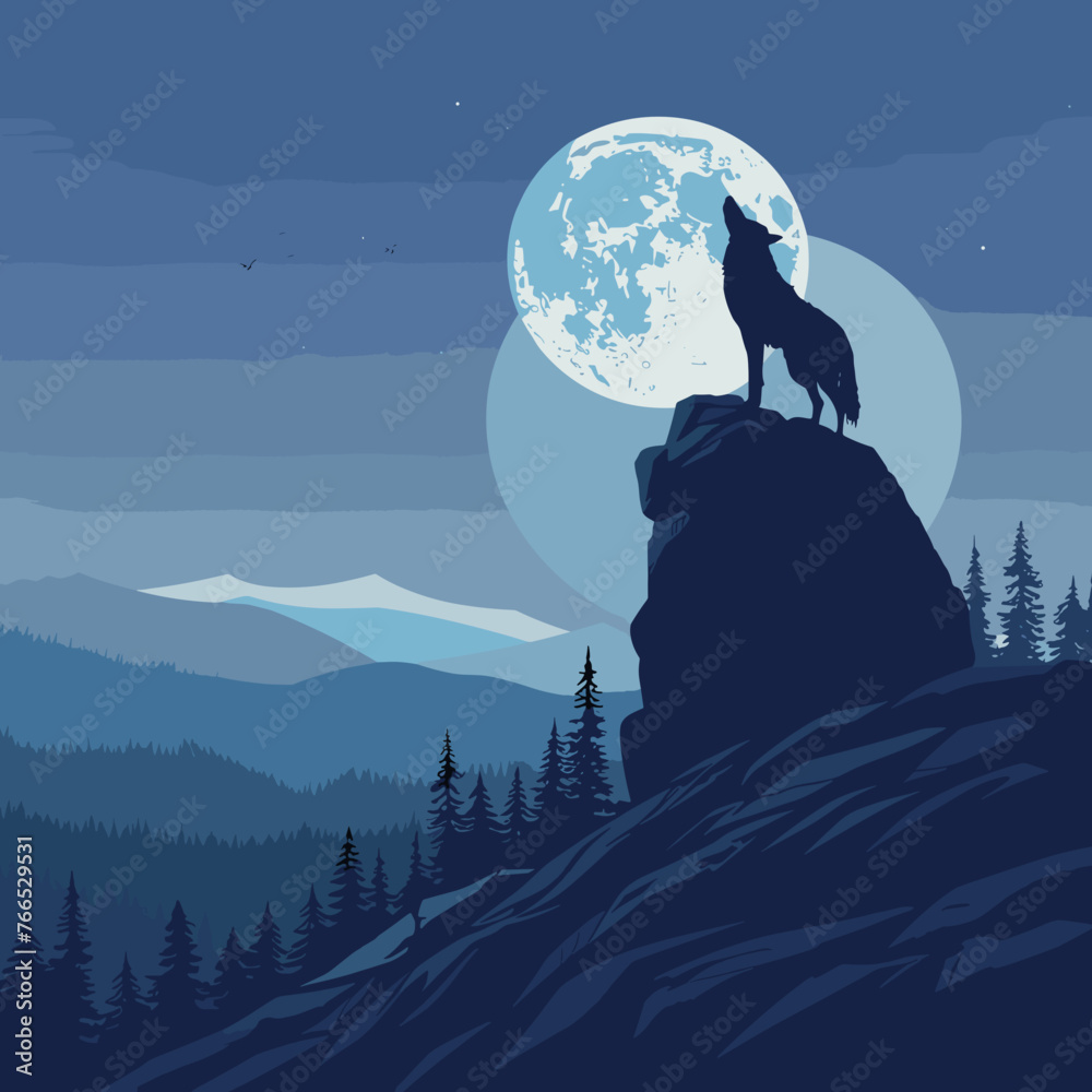 Naklejka premium wolf howls at full moon blue nature landscape