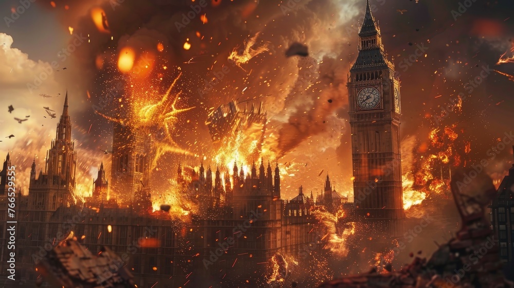 Fictional illustration of London under attack - Big Ben in fire, flames and smoke