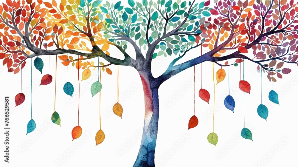 Colorful tree with leaves on hanging branches illustration cut out on white background - obrazy, fototapety, plakaty 