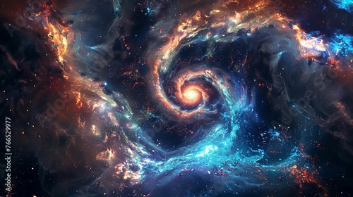 Vibrant swirls of cosmic dust and gas forming a mesmerizing galaxy spiral.