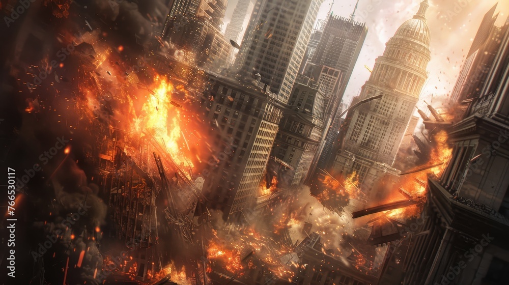Fictional illustration of war in New York, explosions,  fire and smoke