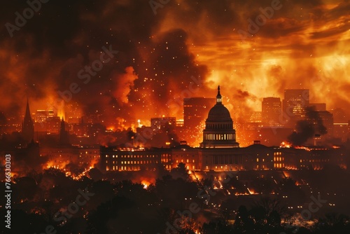 Fictional illustration of the Capitolium under attack - Washington DC in flames and smoke