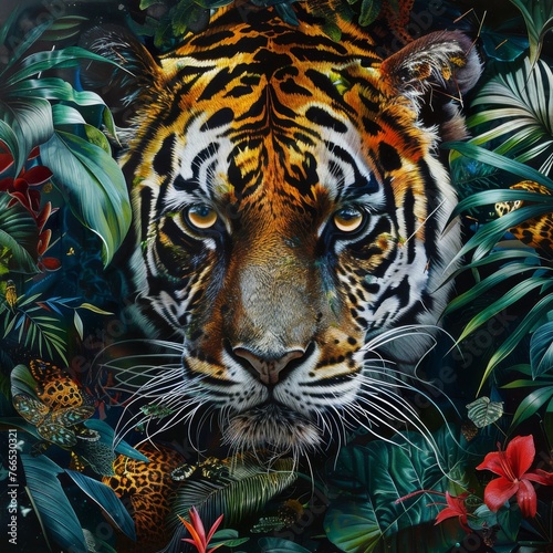 A realistic painting of a tiger s face  with piercing eyes  set against a lush  detailed backdrop of jungle foliage and flowers
