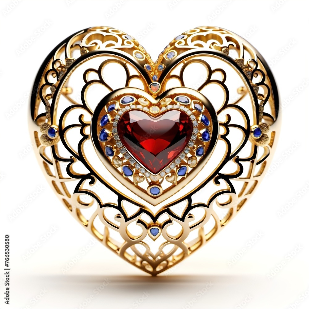 Heart made of openwork gold with precious stones on a white background