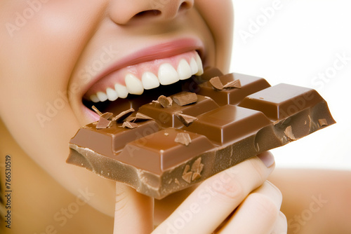 Close up of a woman eating chocolate on white background