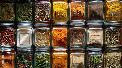 Top View of Neatly Arranged Spice Rack with Various Seasonings
