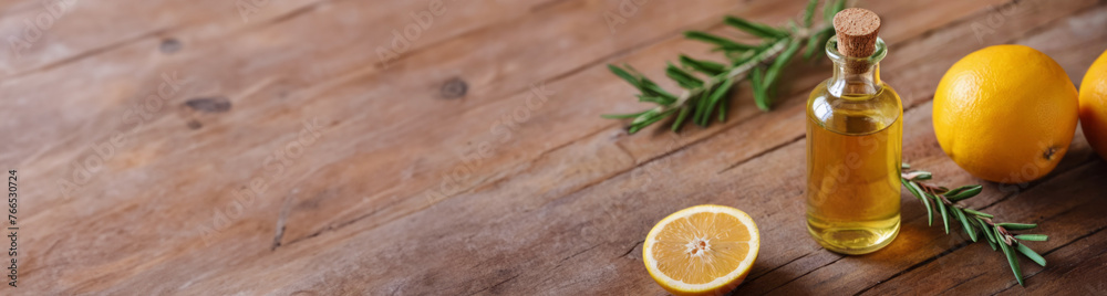 Lemon and rosemary essential oils and juicy lemons and fresh rosemary on wooden table. Bottle, jar of essential oil extract. Empty space in the centre. Lemon and rosemary essential oils and juicy lemons and fresh rosemary on wooden table. Bottle, jar of essential oil extract. Empty space in the centre.