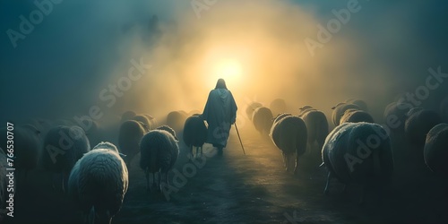 Religious image of Jesus as a shepherd guiding sheep with divine light symbolizing spiritual leadership and guidance. Concept Religious Art, Jesus as Shepherd, Divine Light, Spiritual Leadership photo