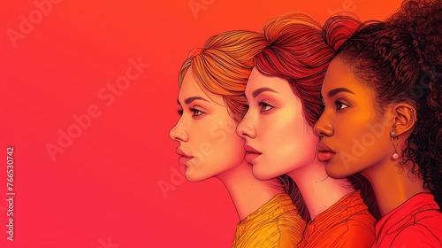 Vibrant digital artwork showing three women in profile with distinct ethnic features against a red background, symbolizing cultural diversity and unity