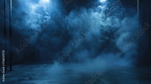 Empty dark scene blue abstract stage  neon light  spotlights  and studio room with smoke float up the interior texture for display products wall background.
