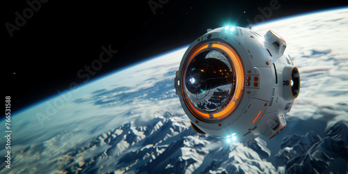 futuristic white classic space satellit with sonal panels on the weings and glowing orange elements photo