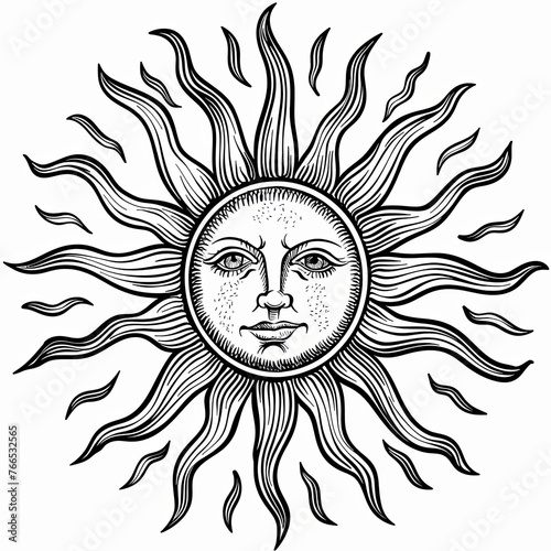 An image of the sun with a face and rays. A mystical, esoteric or occult design element. Cartoon characters in pencil drawing style. Black and white image. Illustration for cover, card, print, etc. © Login
