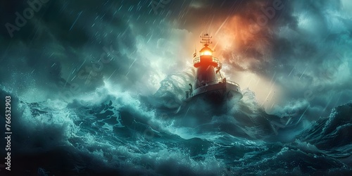 Lighthouse beacon guides rescue teams to save crew from sinking shipwreck in stormy seas. Concept Stormy Seas, Lighthouse Rescue, Sinking Shipwreck, Beacon Guidance, Rescue Team