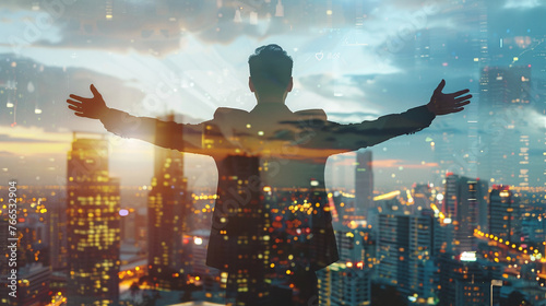 Image of silhouette of businessman from behind raising his hands symbolizes success. Double exposure on image
