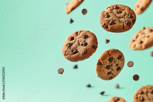 chocolate chip cookies floating in the air, space for copy.