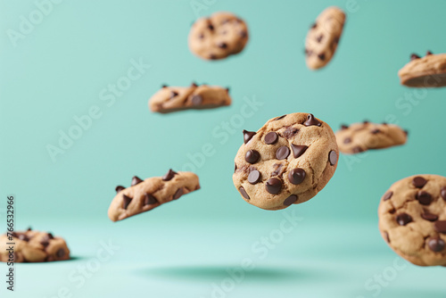 chocolate chip cookies floating in the air, space for copy. photo