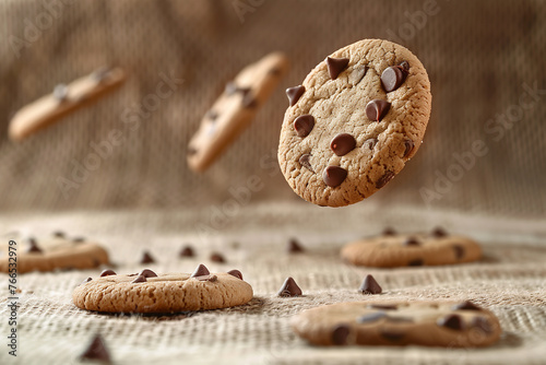 chocolate chip cookies floating in the air, space for copy.