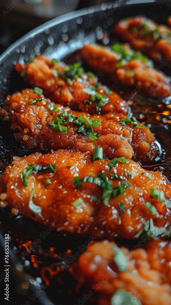 A pan filled with food that is covered in sauce and herbs, AI A pan filled with food that is covered in sauce and herbs, AI