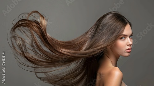 Portrait of a beautiful young woman with long straight shiny healthy brown hairs looking at the camera with hair tossing in the air  isolated on gray background  salon cosmetic shampoo  conditioner.