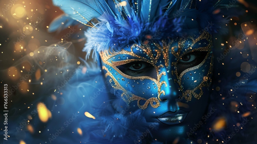 Realistic luxury carnival mask with blue feathers. Abstract blurred background, gold dust