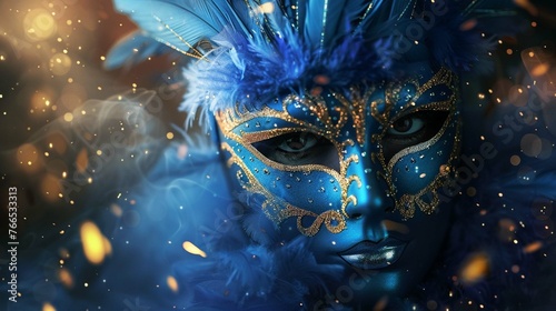 Realistic luxury carnival mask with blue feathers. Abstract blurred background, gold dust