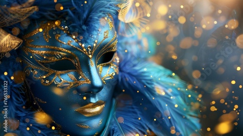 Realistic luxury carnival mask with blue feathers. Abstract blurred background, gold dust © Naila