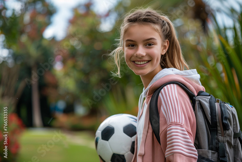 Girl Carrying Backpack and Soccer Ball