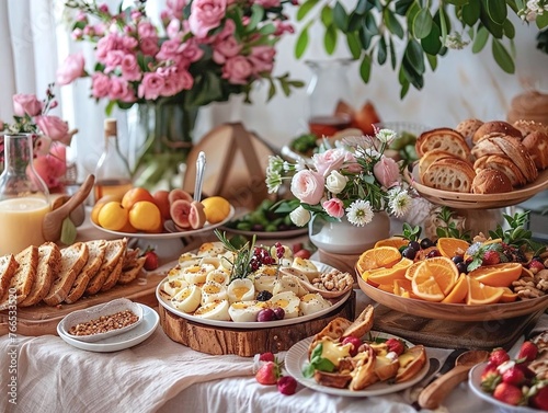 Elegant brunch spread with fresh flowers and assorted delicacies
