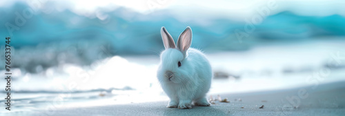 portrait of a cute white bunny at the beach photo