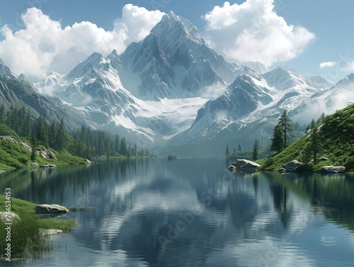 A breathtaking landscape of towering mountains, crystal-clear lake in the foreground, lush greenery..