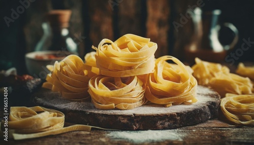 Uncooked fettuccine pasta on a wooden background, prepared for cooking