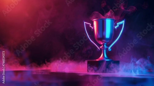 The winner's cup with bright neon illumination on a dark background