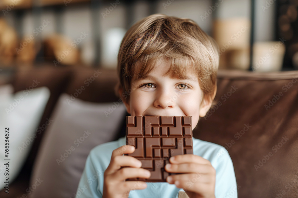 Cute little boy eating chocolate bar at home. Unhealthy food for kids - obrazy, fototapety, plakaty 