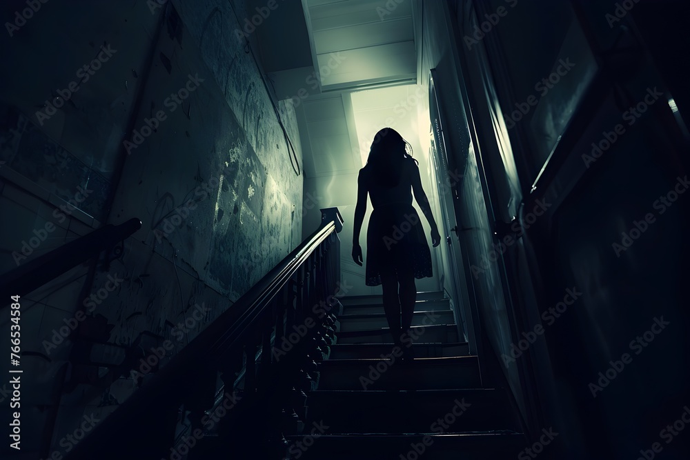 Silhouette of a woman ascending stairs - A chilling silhouette of a woman in a dress ascending a poorly lit staircase, giving a sense of mystery and suspense