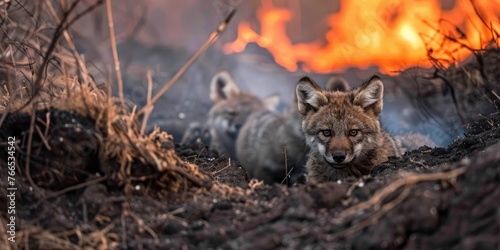International Firefighters Day, a family of wolves looks out of a hole against the background of a burning forest, forest fires, rescue of wild animals, environmental disaster