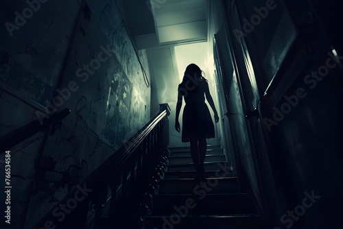 Silhouette of a woman ascending stairs - A chilling silhouette of a woman in a dress ascending a poorly lit staircase, giving a sense of mystery and suspense photo
