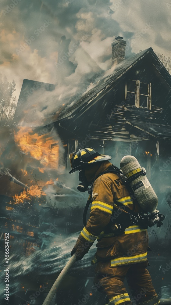 Fototapeta premium Firefighter extinguishing a fire in a burning house using a water foam hose. Bravery and heroism of firefighters in combating fires and protecting lives and property.