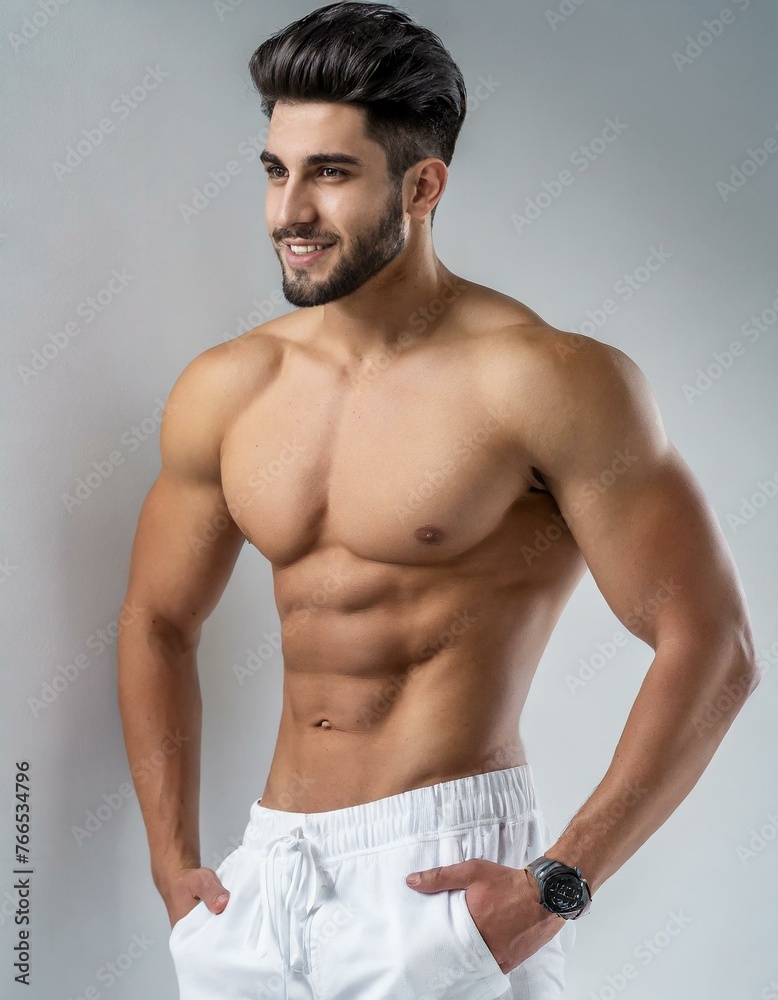 Slim man with six pack and white shorts on white background.