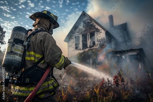 Firefighter extinguishing a fire in a burning house using a water foam hose. Bravery and heroism of firefighters in combating fires and protecting lives and property. 