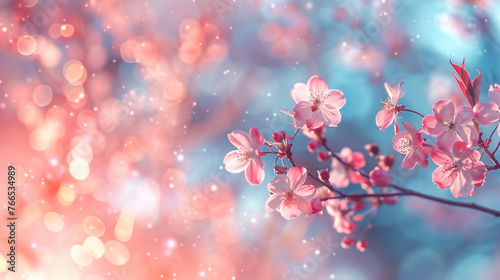 A shimmering spring banner. The concept of cherry blossoms. Blue sky, shimmering sun rays. A place to place a text, a business concept.