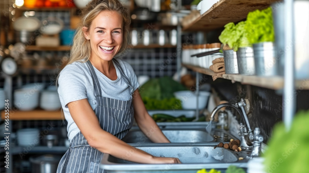 Cheerful waitress washes dishes in restaurant kitchen