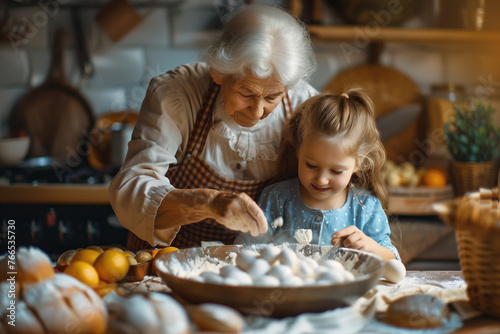 Capture the spirit of Easter and the warmth of family traditions with charming illustration of a grandmother and granddaughter preparing holiday treats together.