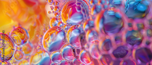 Abstract color texture background, bubbles of rainbow oil, pink liquid surface pattern. Concept of multicolored, iridescent, water, gradient, banner. © karina_lo