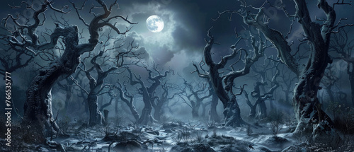 Dark strange spooky forest, scary fairy tale woods at night, surreal landscape with dry crooked trees and moon. Concept of fantasy, horror, haunted enchanted nature