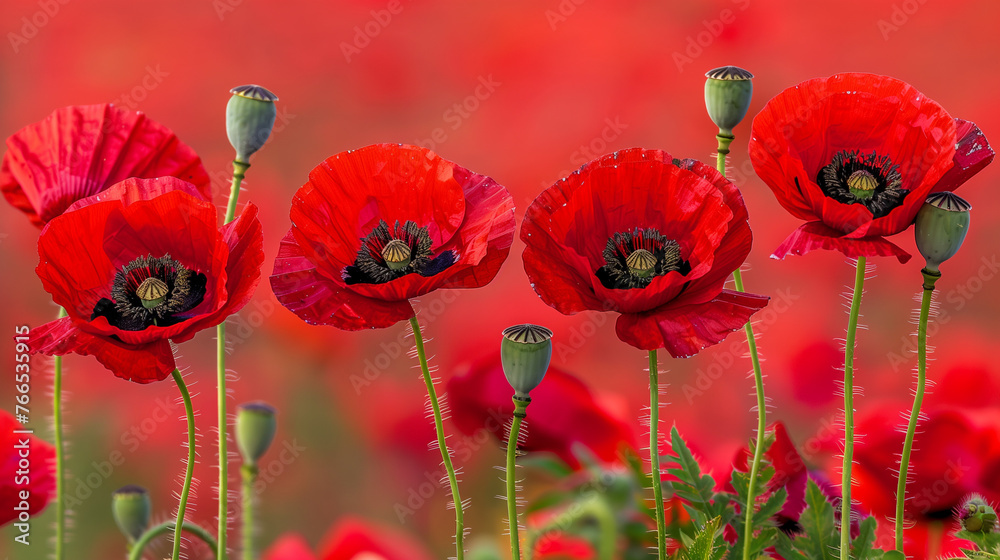 Obraz premium Vibrant Poppy Field. A close-up view of bright red poppies in full bloom, contrasted against a blurred background of similar flowers. This striking image captures the beauty of nature and the vivid co