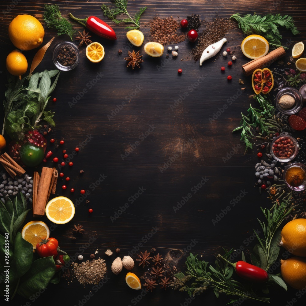A blackboard with a variety of vegetables and herbs on it