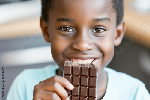 Black boy enjoying chocolate pleasure at home  unhealthy eating scene