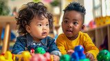 Two multiethnic toddlers playing toys in kindergarten. Adorable asian and black toddlers playing together.	