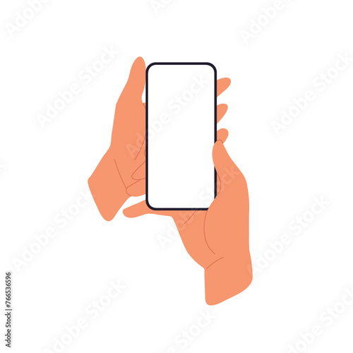 Mobile phone screen mockup in hand. Smartphone display. Flat vector illustration isolated on white