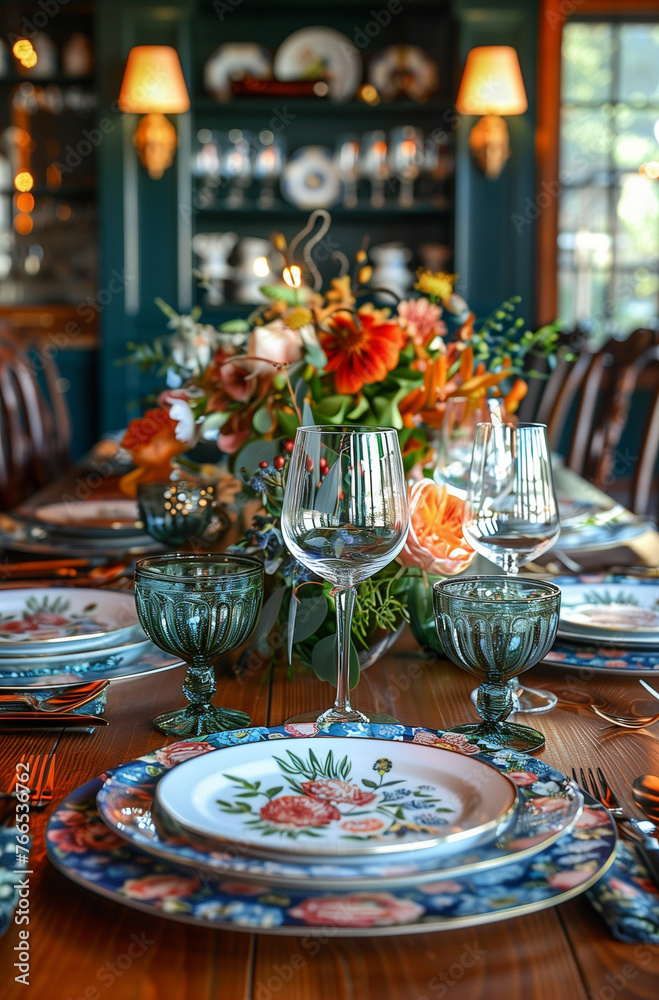 Beautifully set table with a bouquet of flowers in a vase and floral tableware Beautifully set table with a bouquet of flowers in a vase and floral tableware